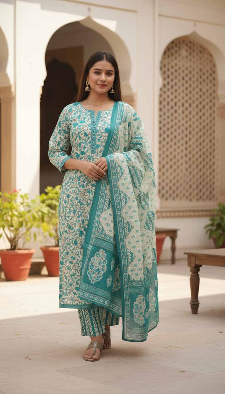 Vanya Teal Handblock Printed Cotton Suit